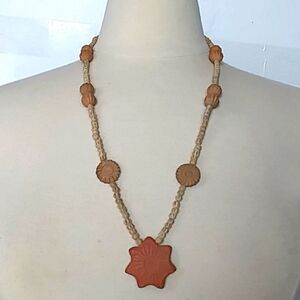 Terra Cotta Clay Sun Festival Style Necklace w/ Seeds and Sea Shells Boho